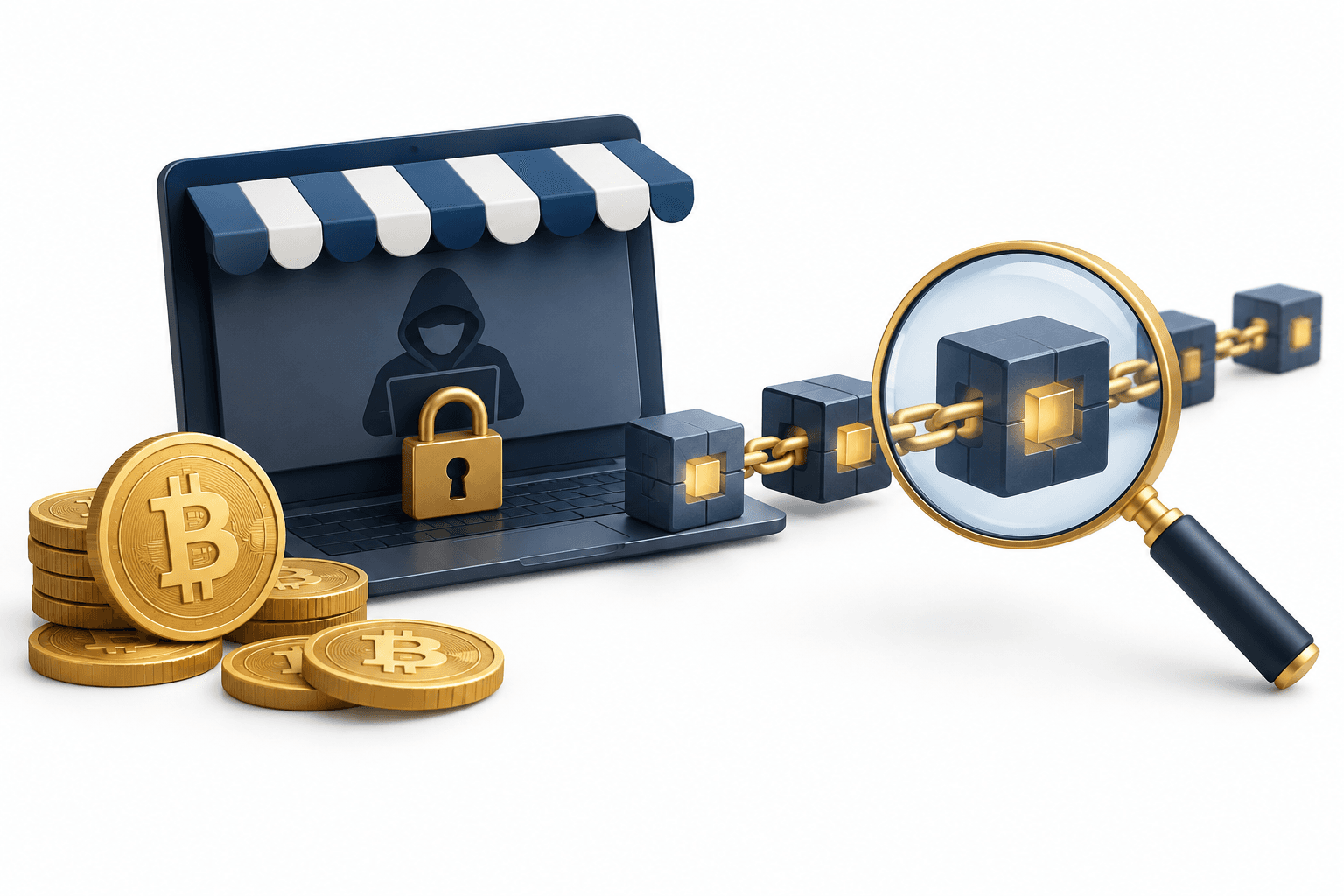 Concept illustration of the Silk Road Bitcoin case showing a closed digital marketplace and cryptocurrency tracing.