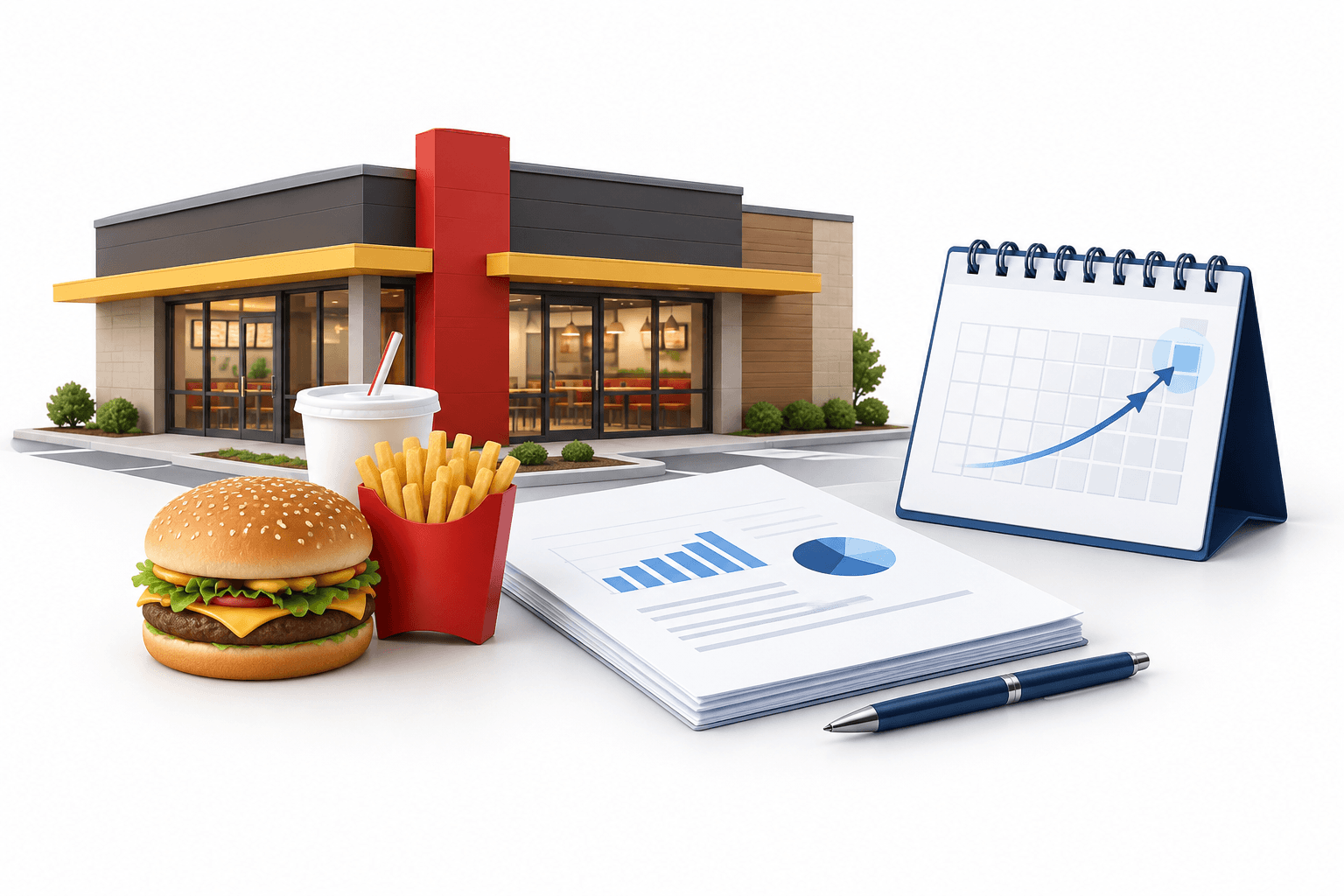 Illustration of an unbranded restaurant, earnings document and calendar representing McDonald's outlook.