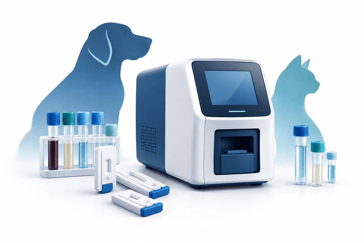 Concept illustration of veterinary testing equipment and pet silhouettes accompanying coverage of IDEXX shares.