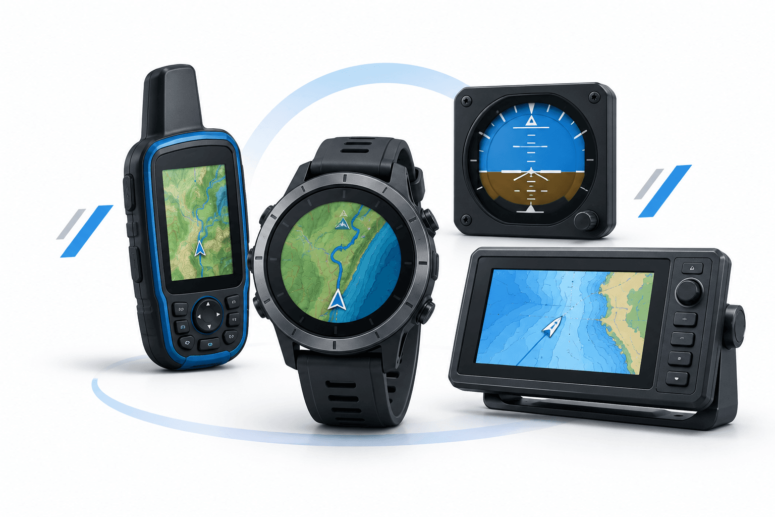 Connected fitness, aviation and marine devices illustrating the businesses behind Garmin shares.