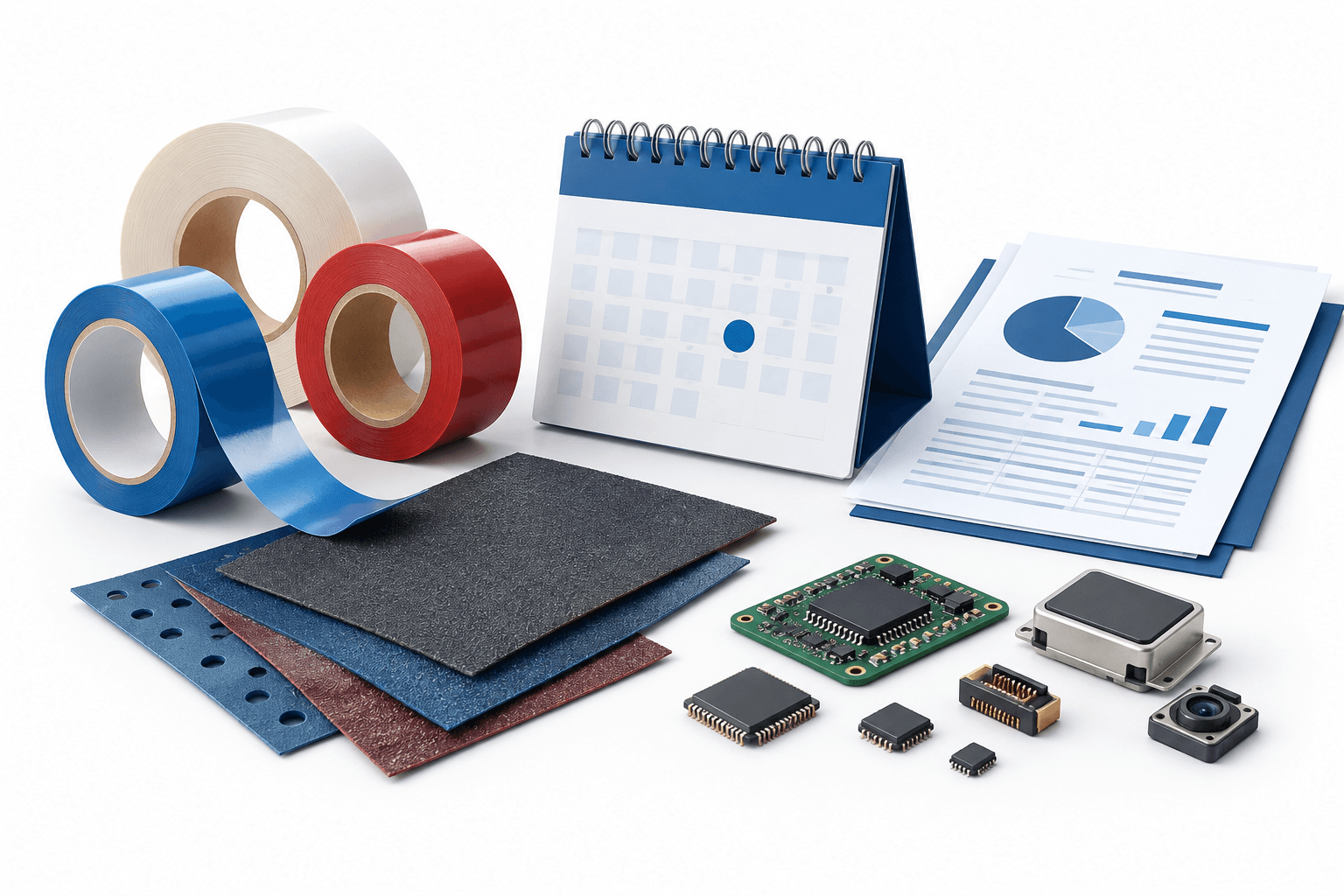 Industrial materials and a calendar illustration representing the 3M earnings preview.