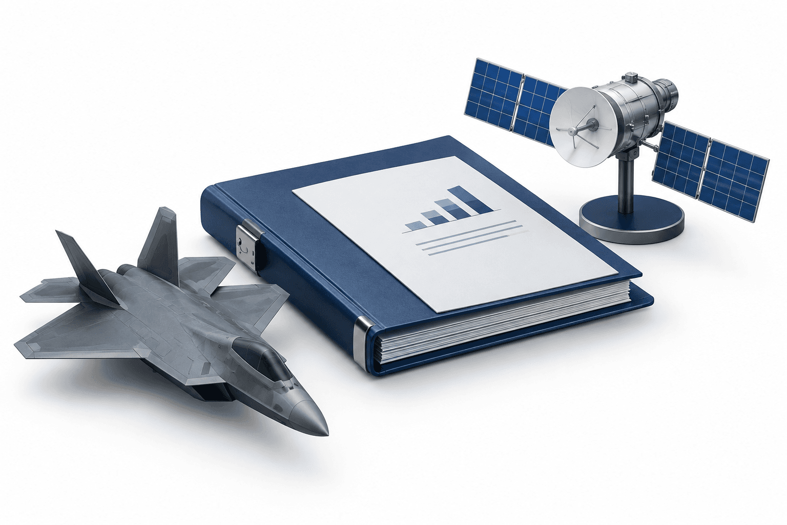 Northrop Grumman earnings concept illustration with a financial folder, aircraft and satellite models.