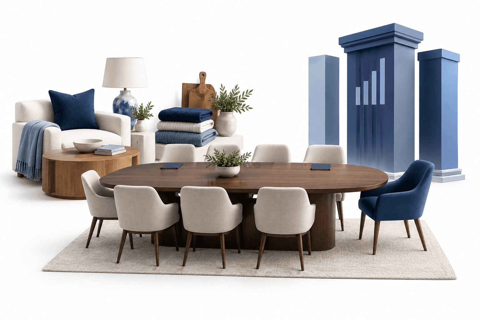 Concept illustration of the Williams-Sonoma board adding a chair beside home furnishings and abstract exchange pillars.