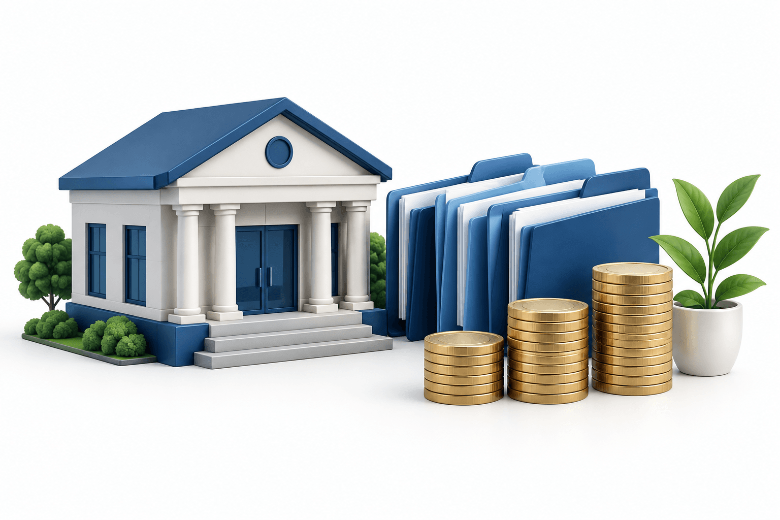 PEBK earnings illustration showing a community bank, loan folders and stacks of coins.