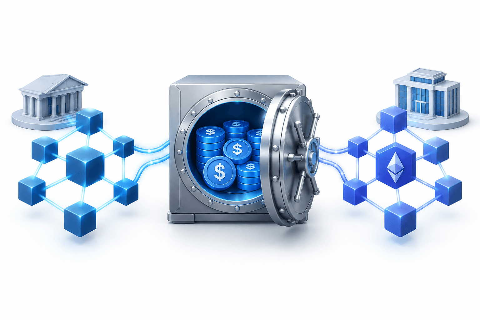 Concept illustration of JPM Coin deposit tokens connecting a bank vault with blockchain payment networks.