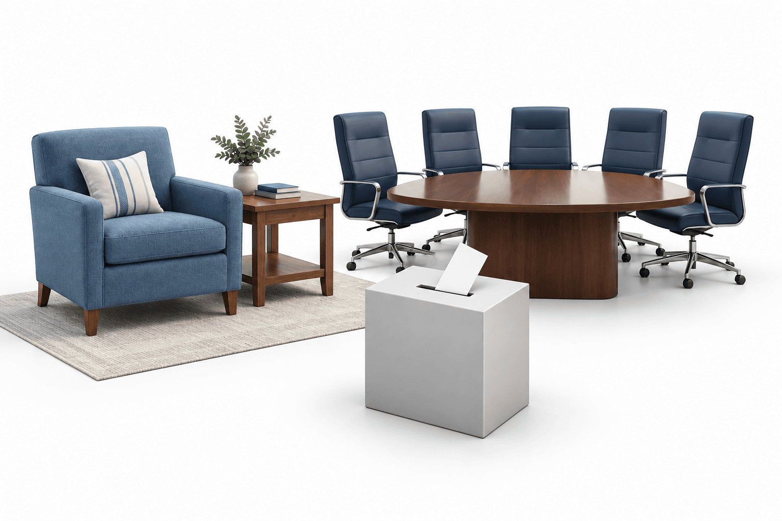 Ethan Allen proxy contest illustration featuring furniture, five boardroom seats and a ballot box.