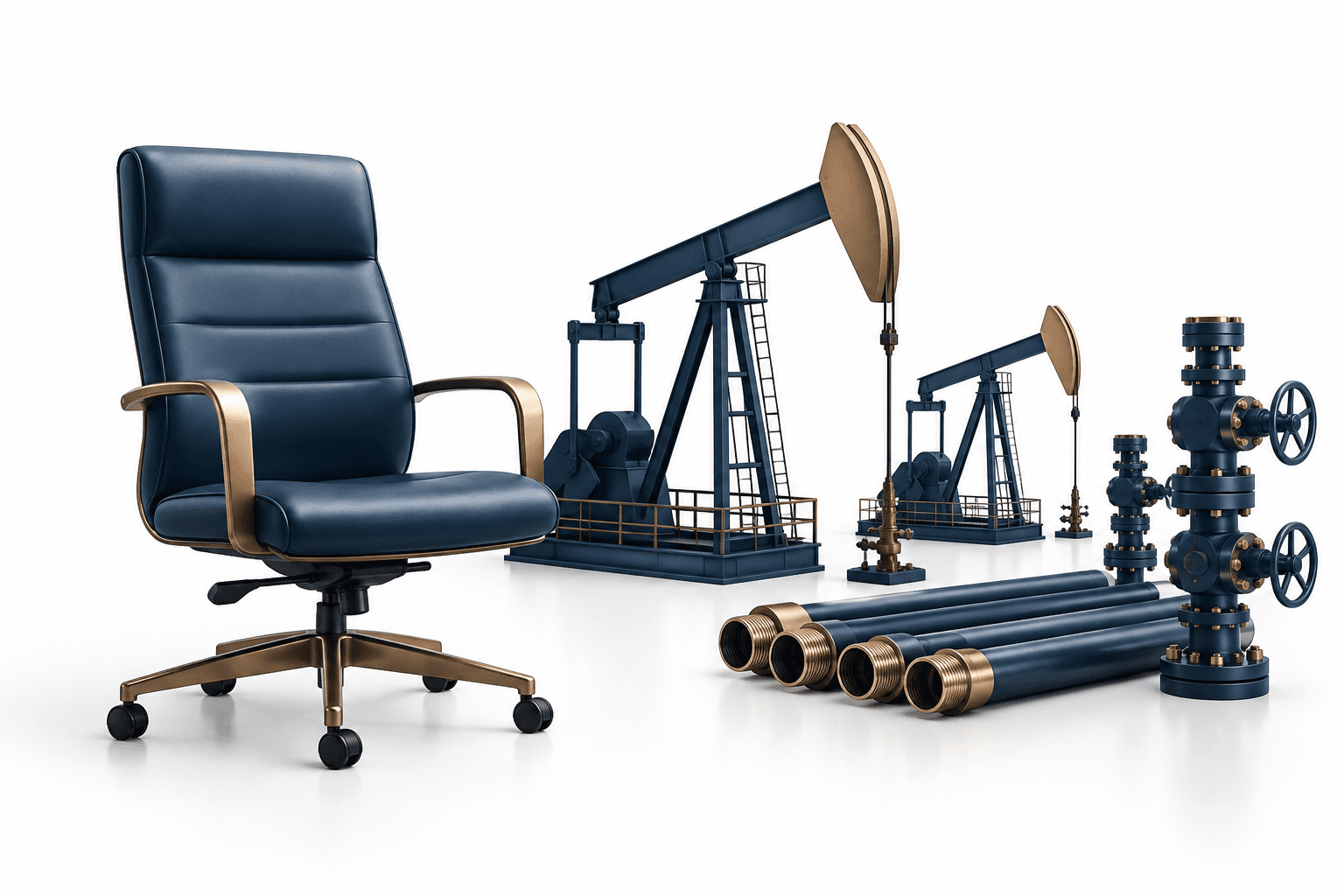 Concept illustration of Chord Energy leadership transition with an executive chair and miniature oil pumpjacks.
