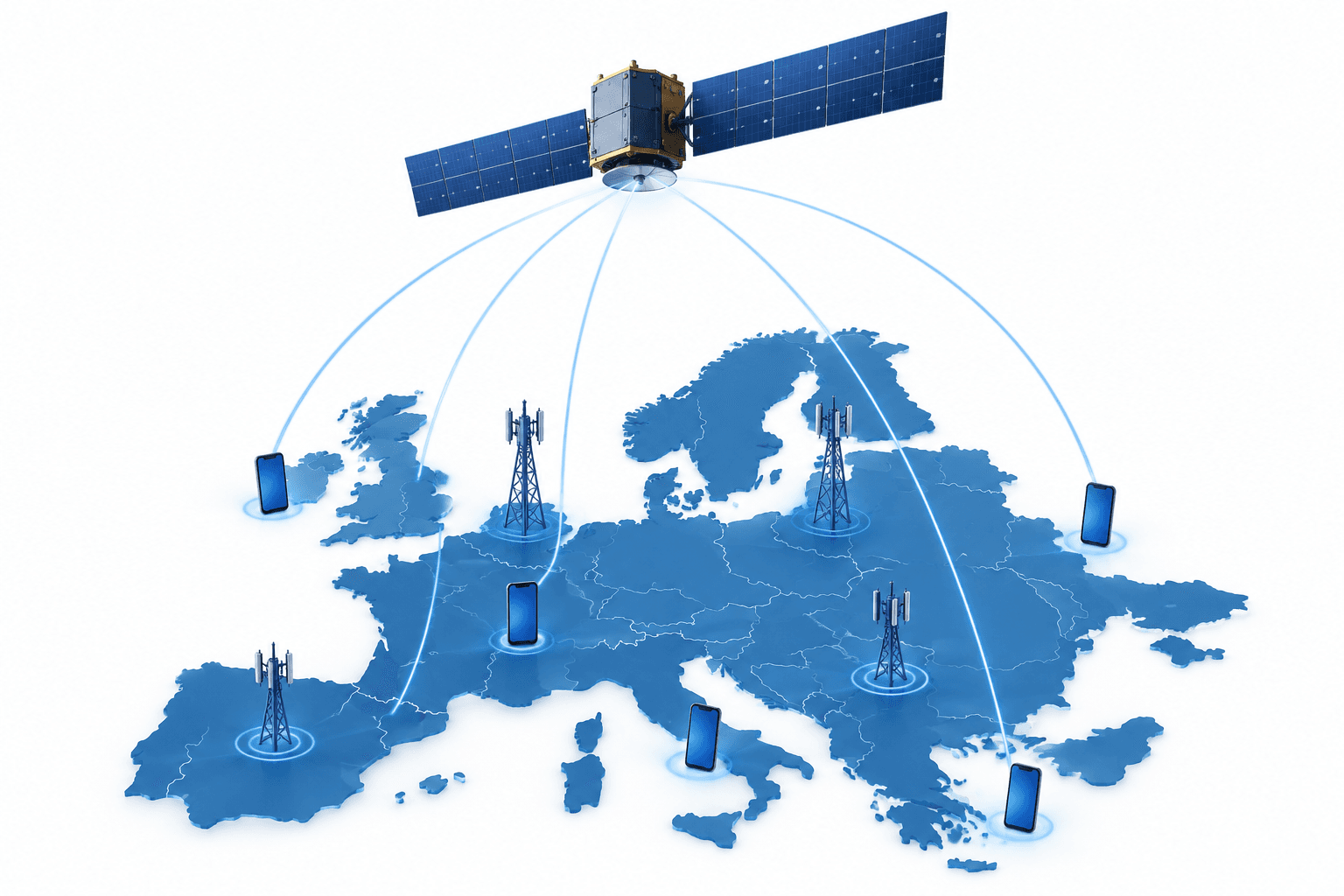 Concept illustration of satellite-to-phone connectivity over Europe accompanying news about AST SpaceMobile shares.