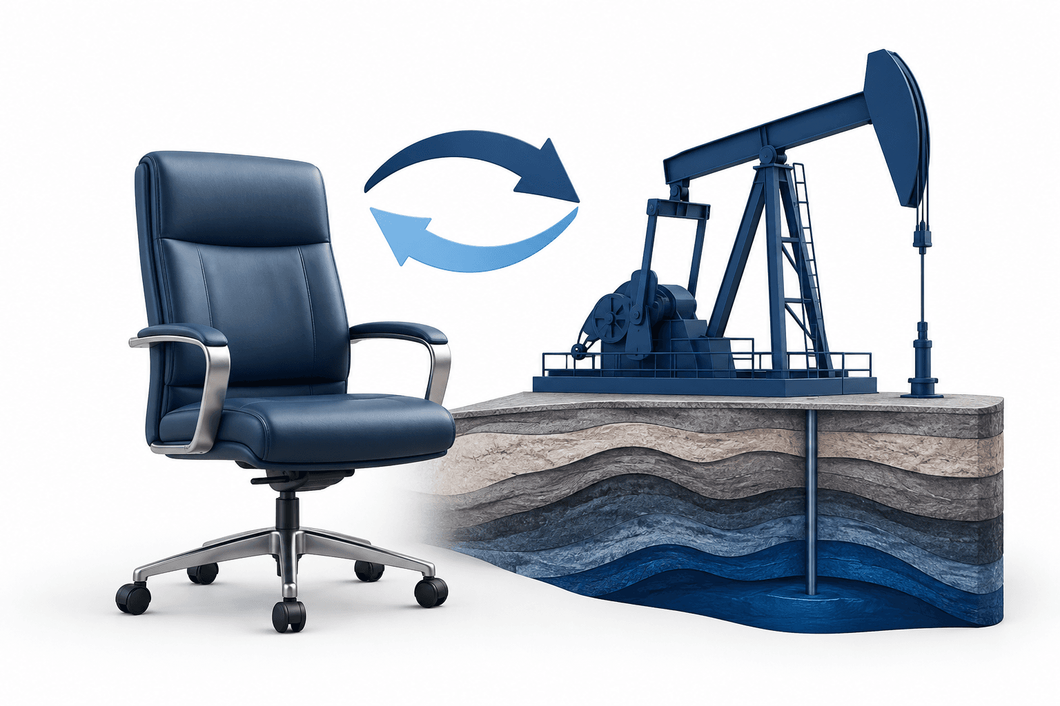 Concept illustration of the Chord Energy CEO transition with an executive chair beside an oil pumpjack.