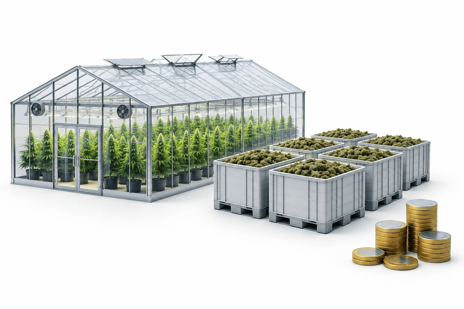 Concept illustration of Glass House production with a cannabis greenhouse, harvested biomass containers and coins.