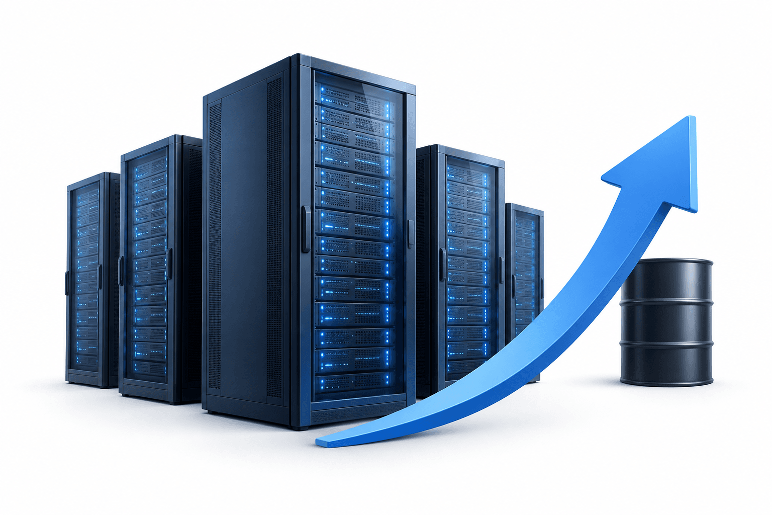 Nasdaq futures illustration featuring data-center servers, an abstract upward arrow and an oil barrel.