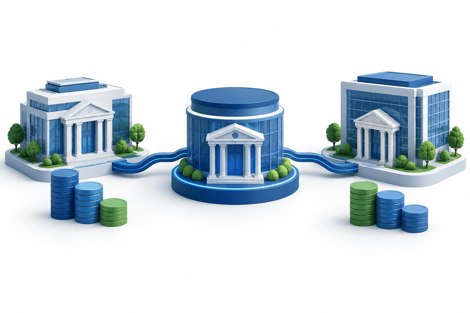 Concept illustration of connected bank buildings and deposit coins representing Fifth Third earnings after the Comerica integration.