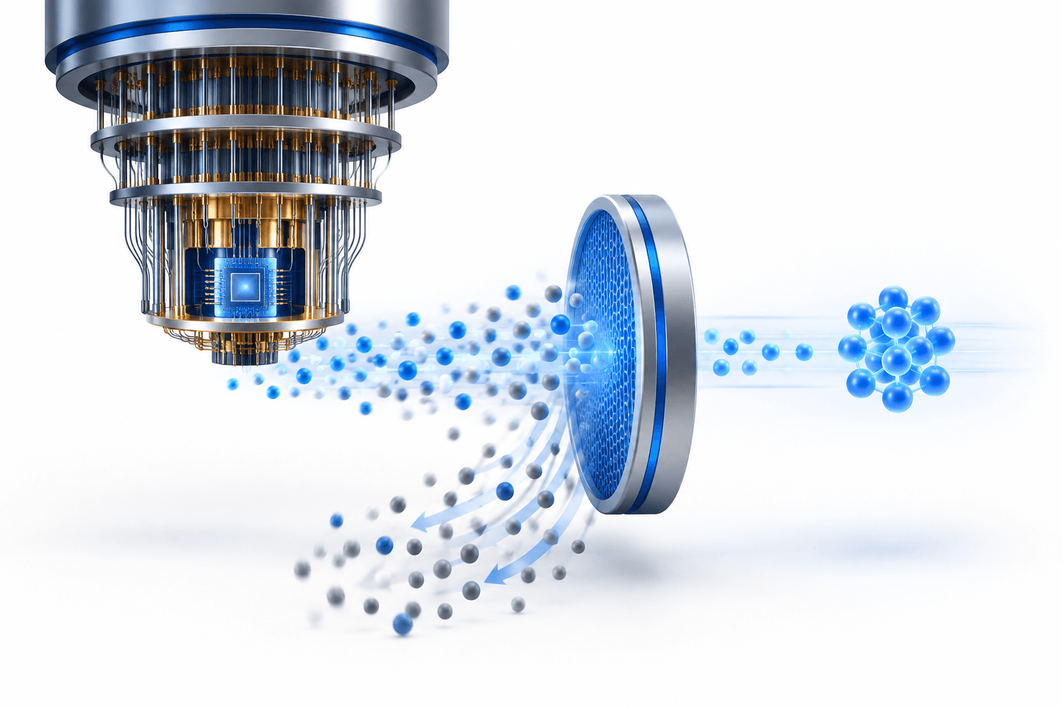 Concept illustration of Google quantum computing research, with a quantum chip and a filter representing state cultivation.