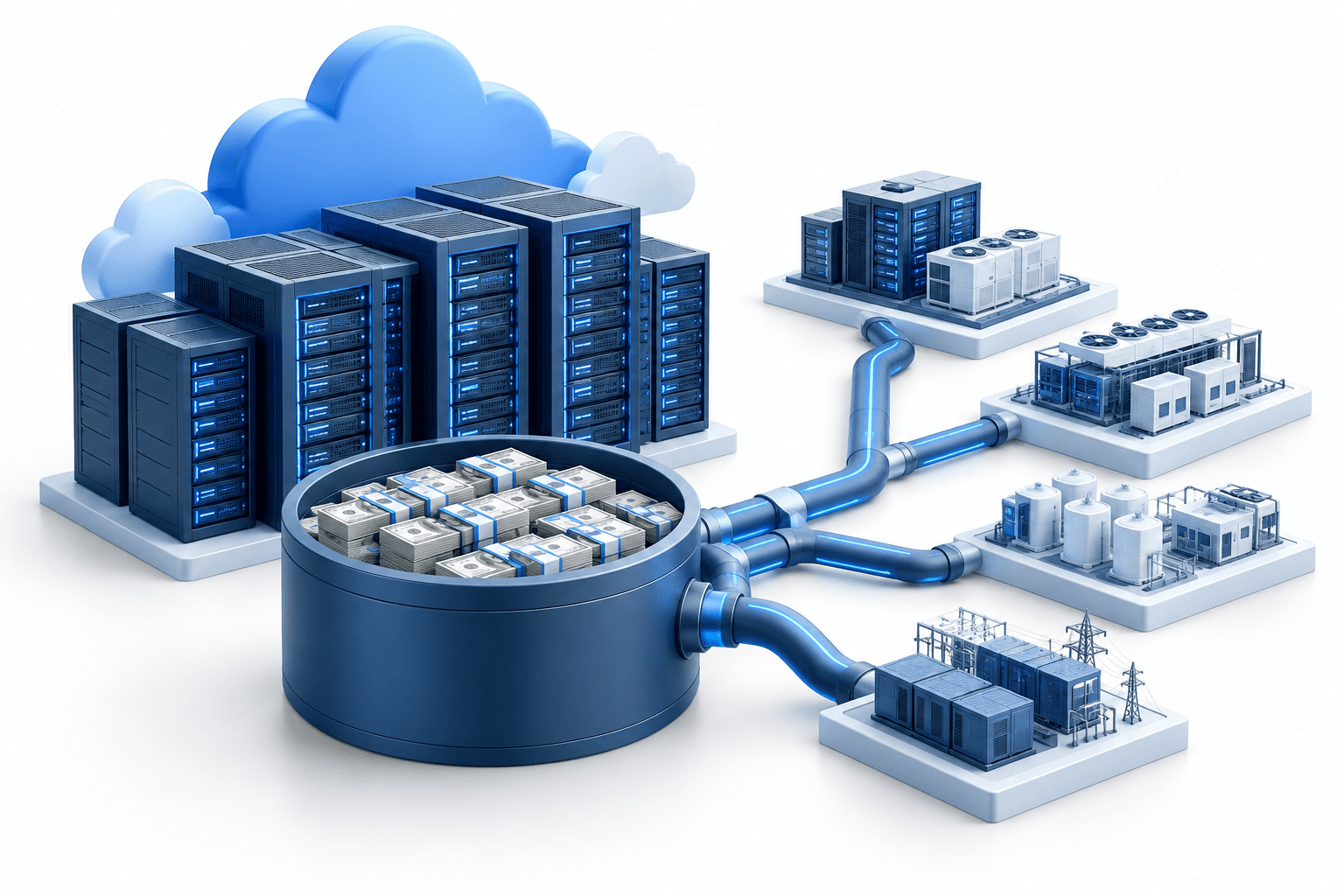 Oracle stock concept illustration showing cloud server infrastructure and the cash needed to expand capacity.