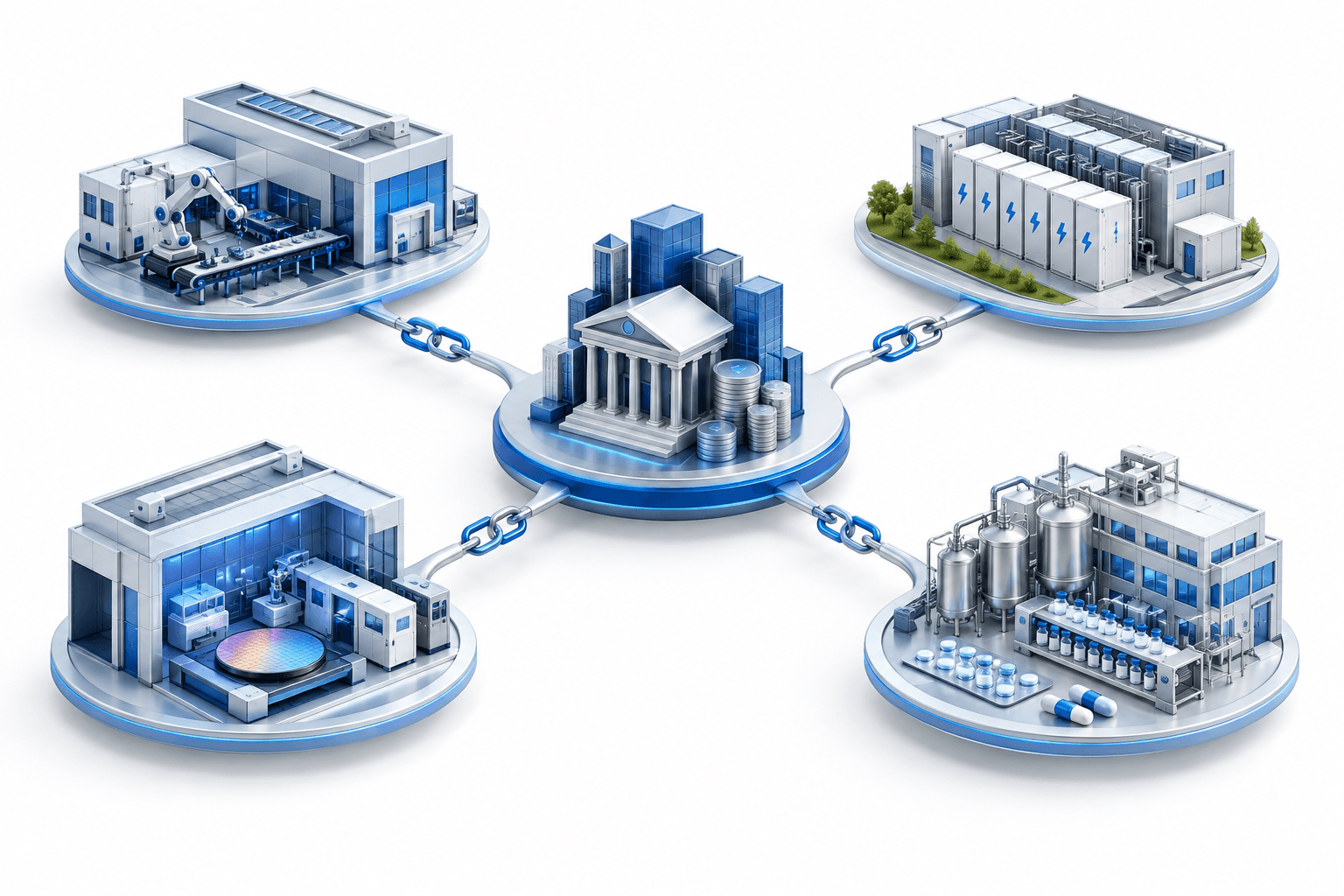 Concept illustration of the JPMorgan initiative connecting capital with manufacturing, energy, technology and medicine supply chains.