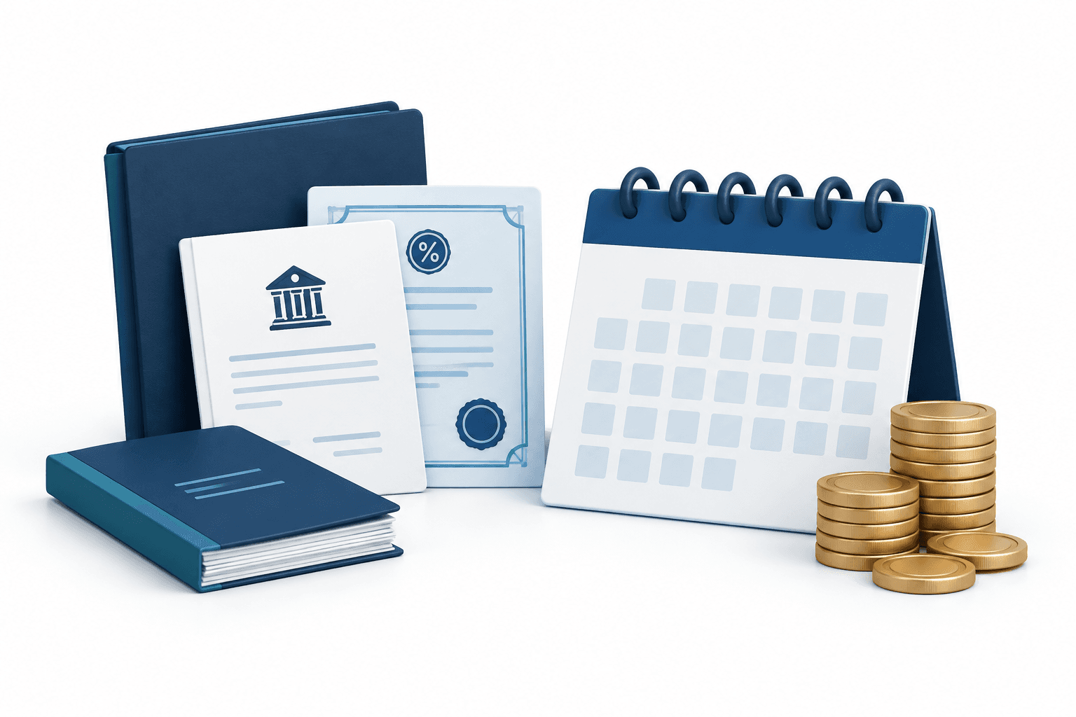 Illustration of credit documents, a calendar and coins representing the ARDC distribution.