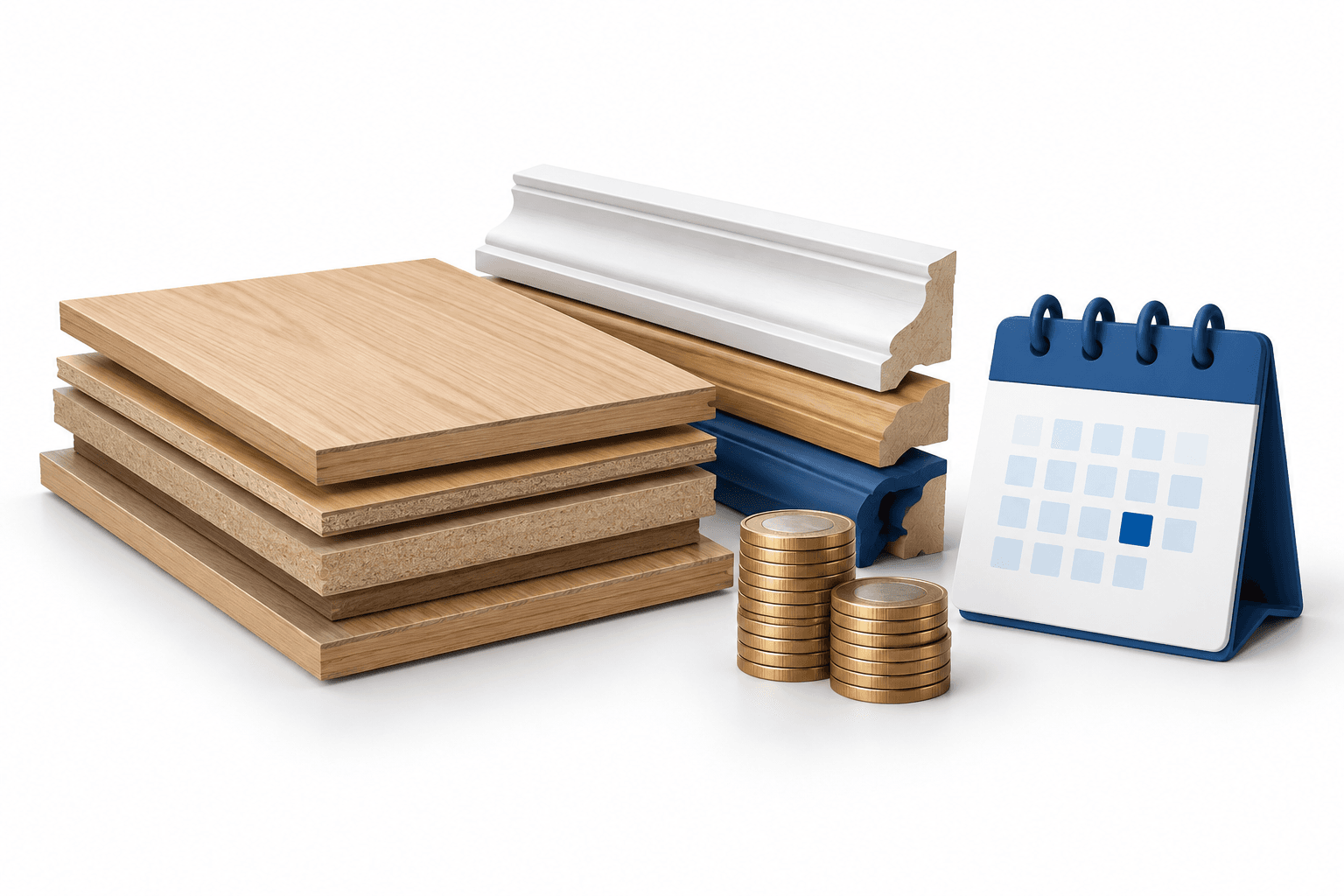 Adentra dividend concept illustration showing building materials, coins and a calendar on a white background.