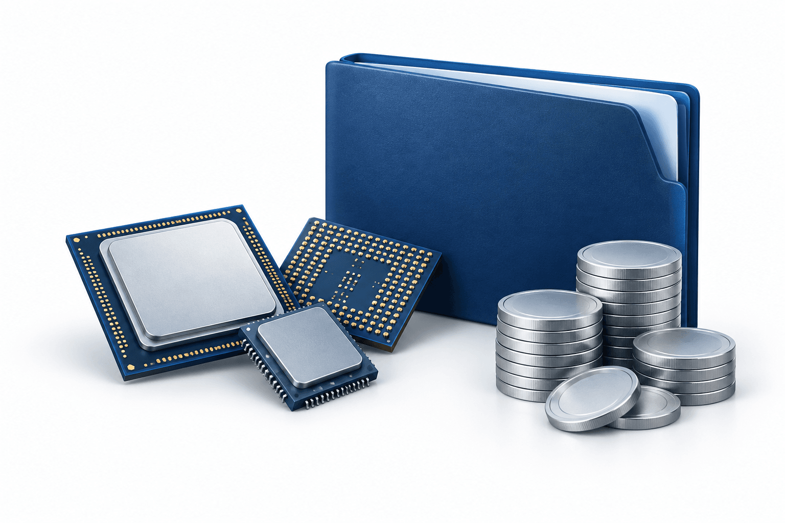 Concept illustration of semiconductor chips and coins representing the STK distribution from a technology investment fund.
