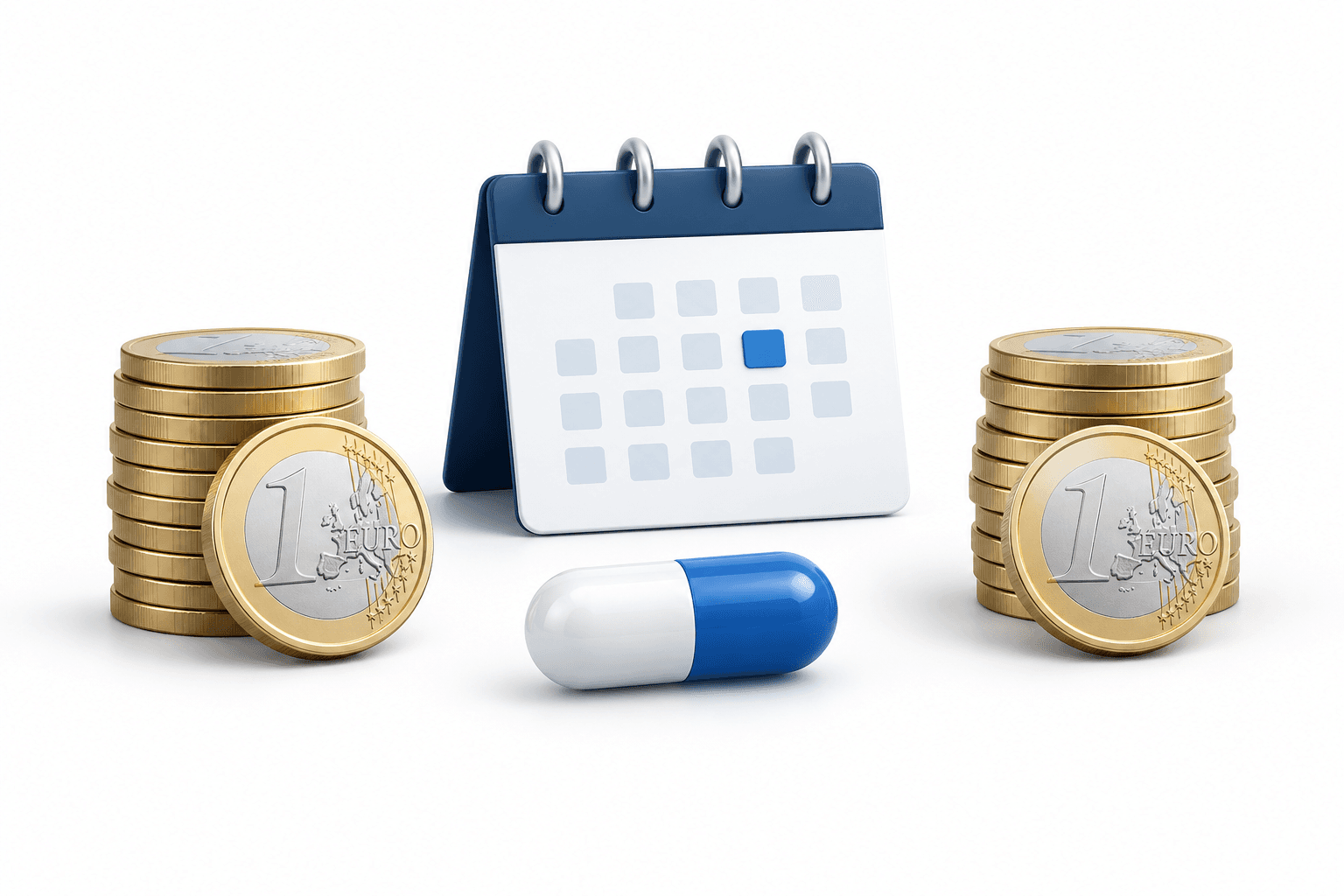 Orion dividend illustration showing two equal groups of euro coins beside a pharmaceutical capsule and a blank calendar.