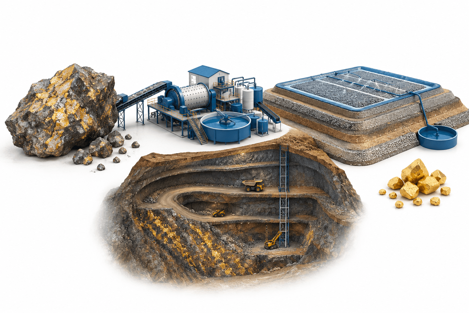Concept illustration of Cerrado Gold production using a processing mill, heap leach pad and underground mine.