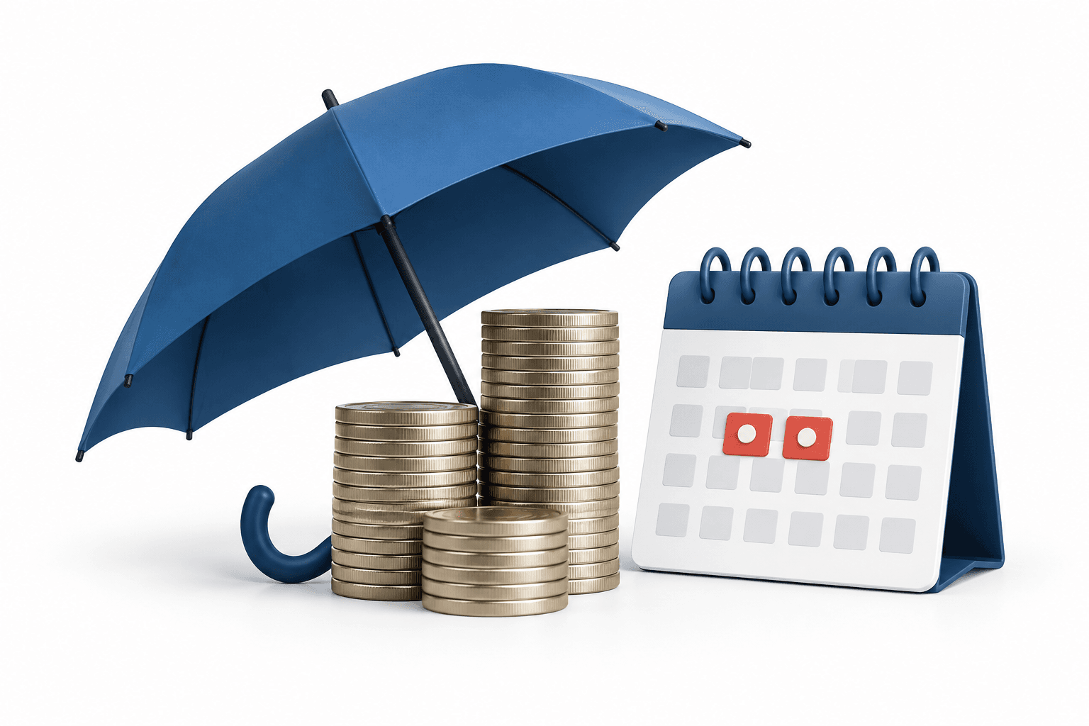 Travelers dividend concept illustration featuring an insurance umbrella, coins and a calendar.
