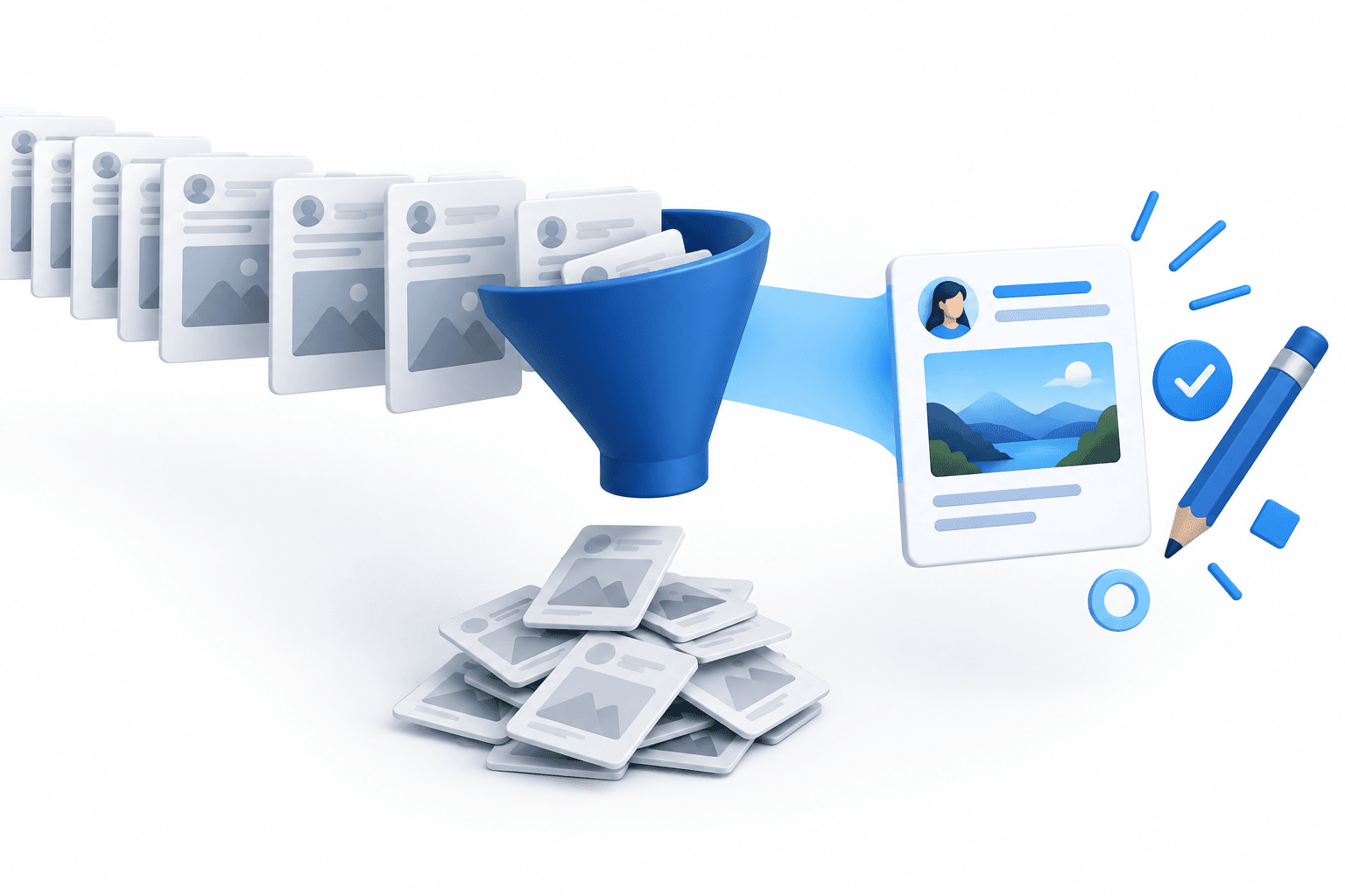 Concept illustration of LinkedIn AI content filtering and proofreading tools separating repetitive posts from distinctive contributions.