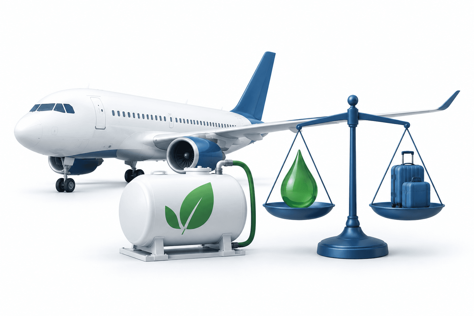 Concept illustration of a passenger aircraft, sustainable fuel and affordability considerations behind a MAG green surcharge.