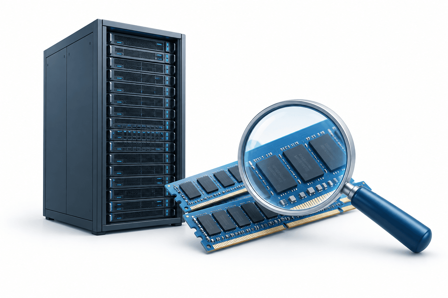 Dell downgrade concept illustration showing a server rack and memory modules under examination.