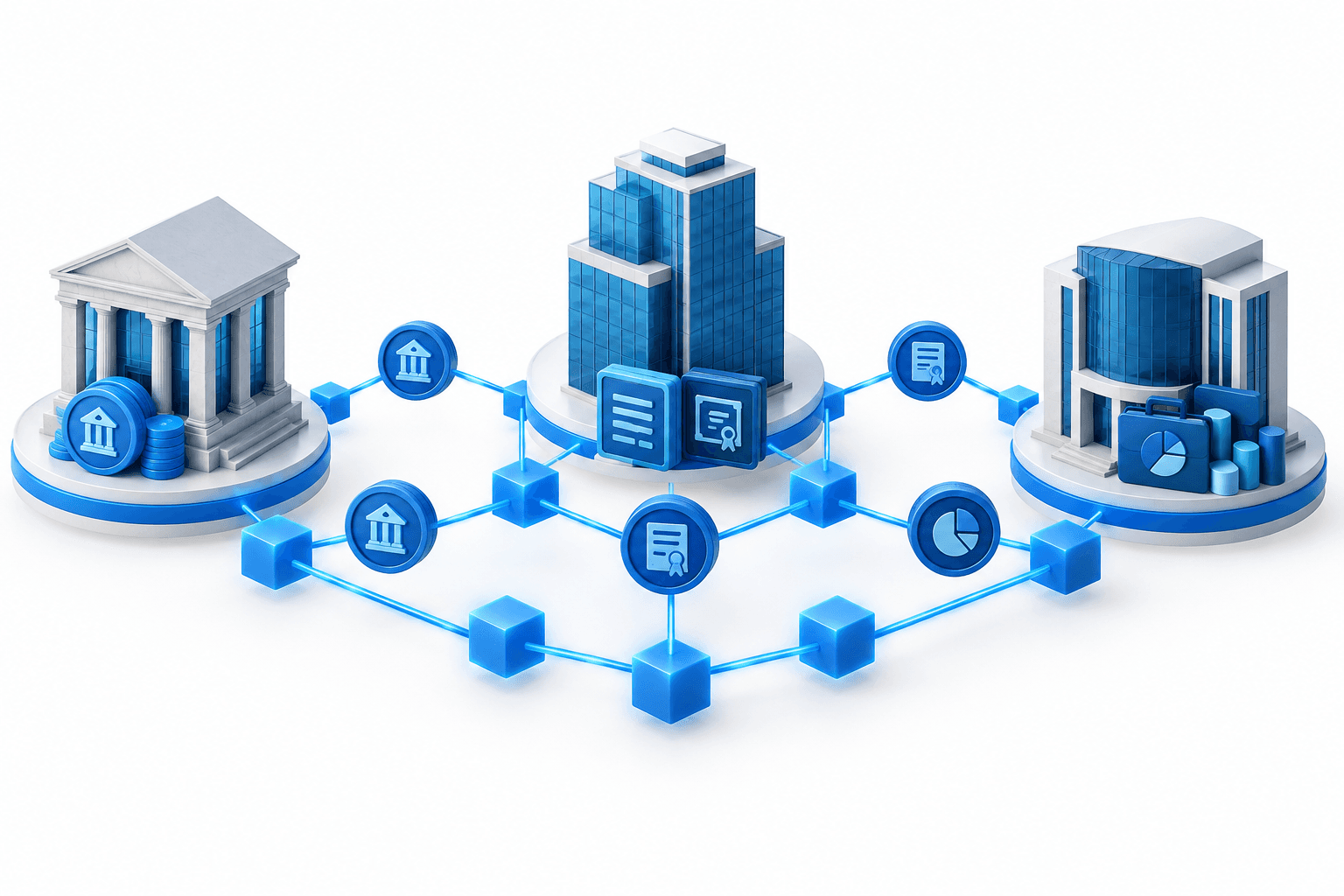 Bank tokenization illustration showing three banking structures connected by digital asset and payment networks.