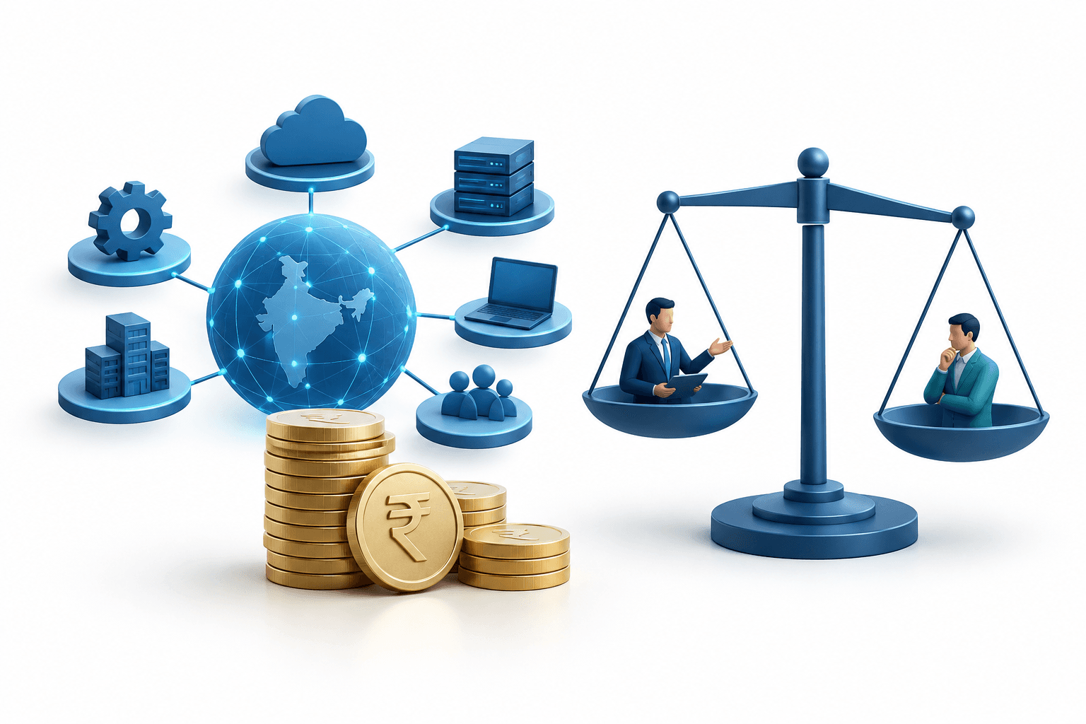 Concept illustration of enterprise technology, rupee coins and a balance scale representing assessments of Tech Mahindra shares.