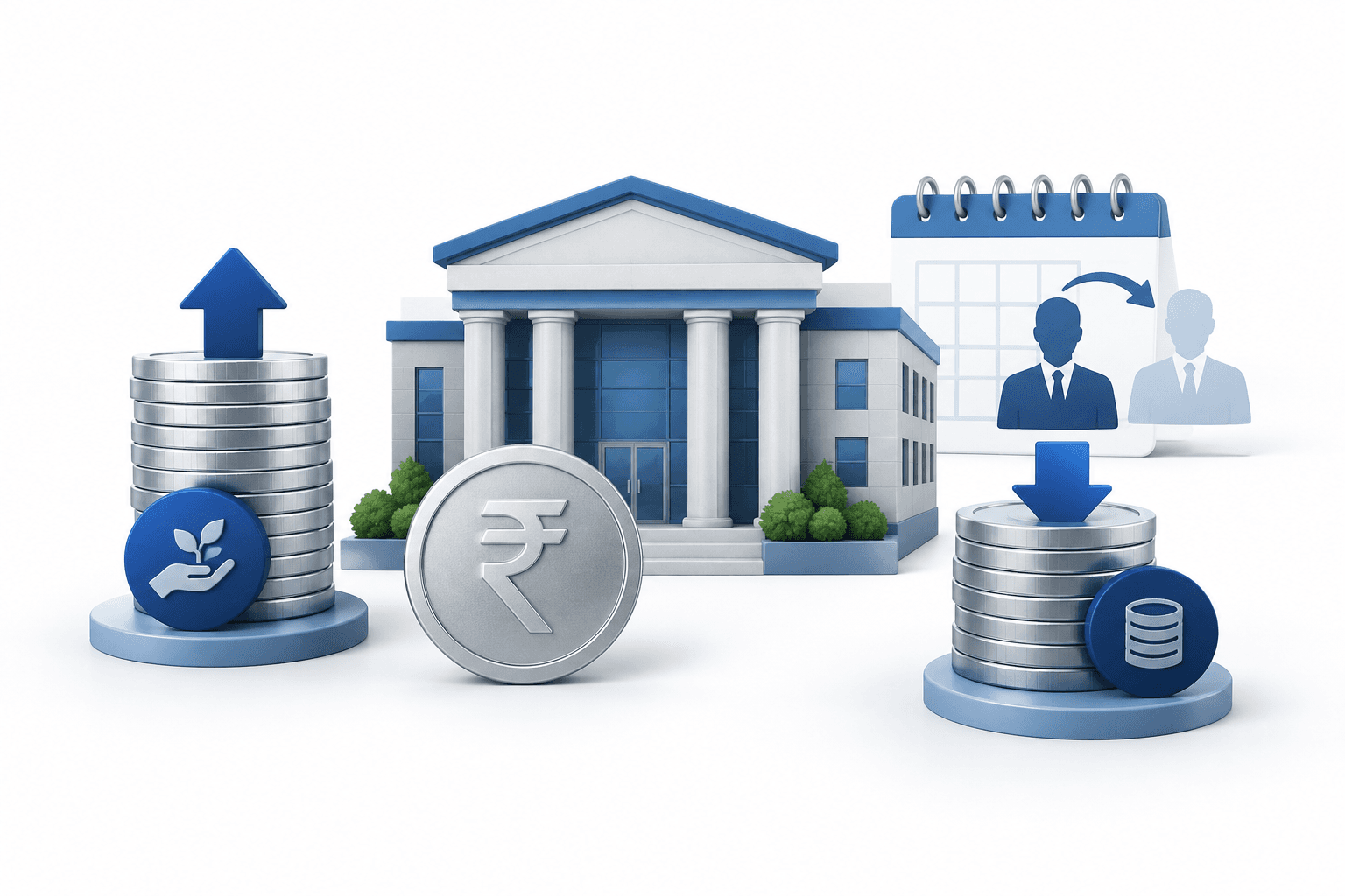 Concept illustration of a bank, rupee coin and funding-cost balance accompanying news about HDFC Bank shares.