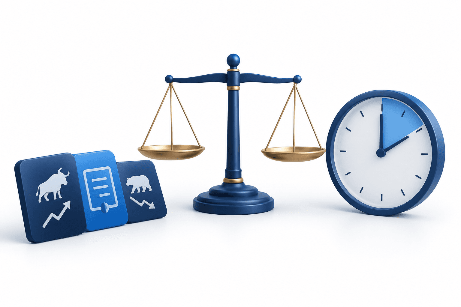 Concept illustration of Indian derivatives settlement with a balanced scale, contract tiles and a half-hour clock segment.