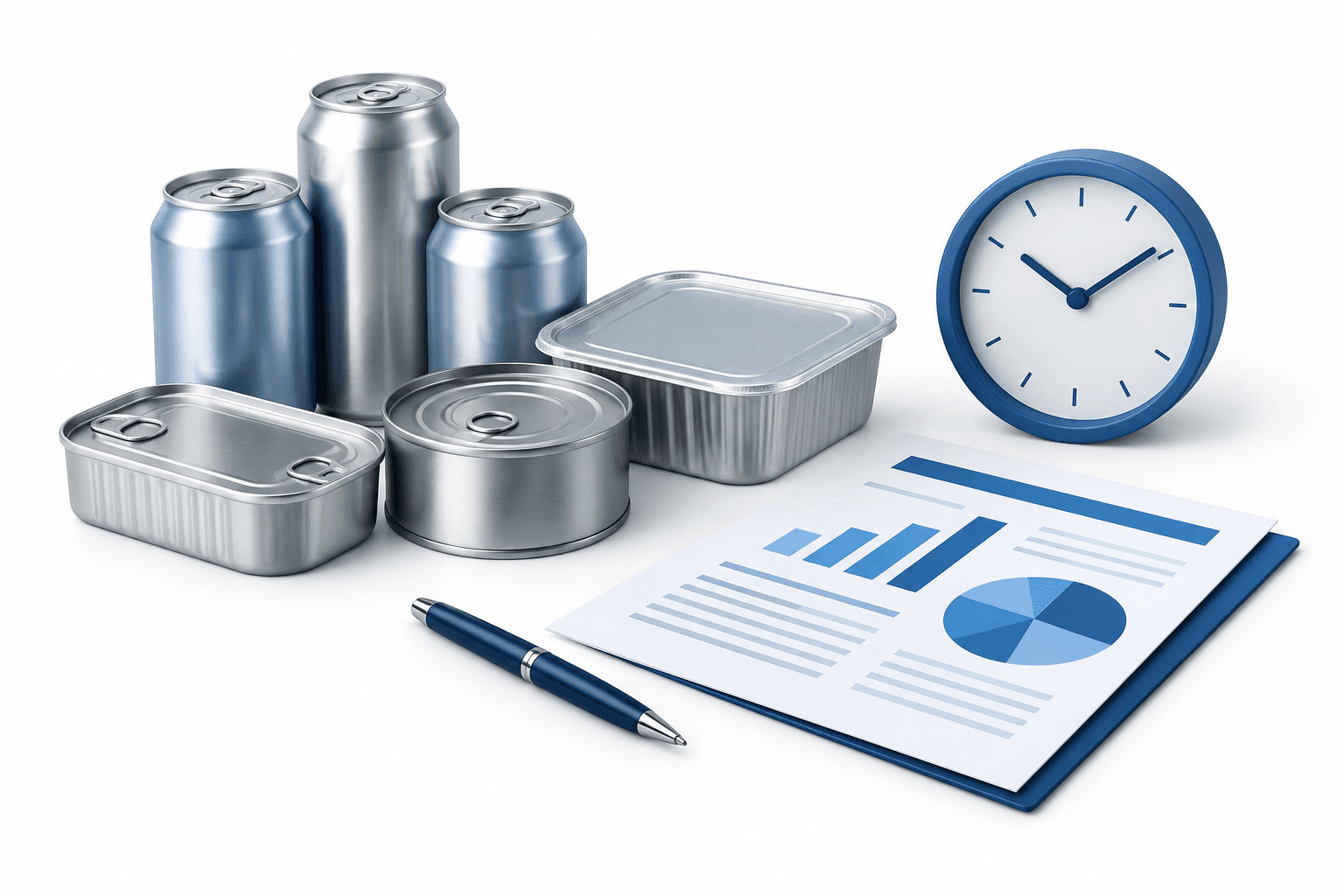 Crown earnings illustration featuring metal packaging, an abstract financial document and a clock.