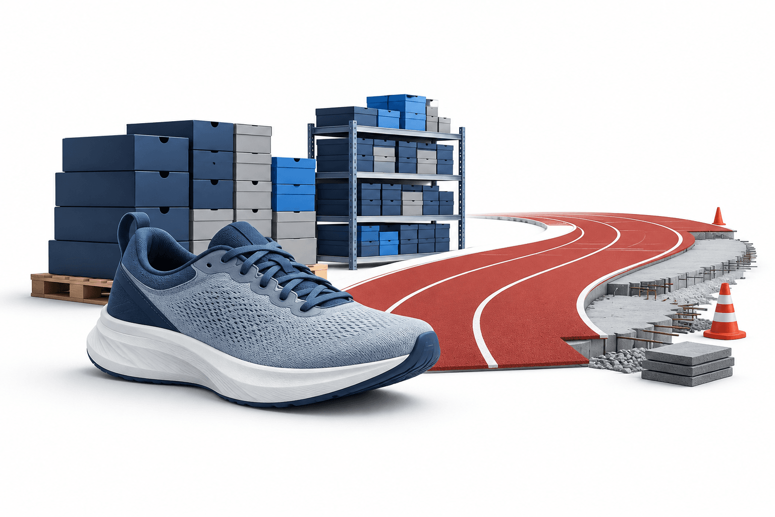 Nike stock turnaround concept with an unbranded athletic shoe, inventory boxes and a partially rebuilt running track.
