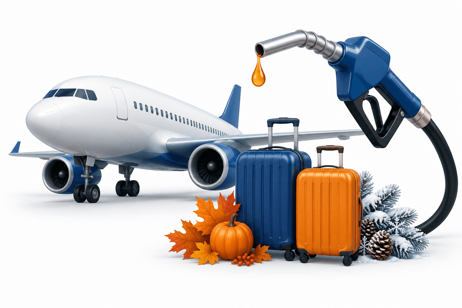 Holiday airfares concept illustration with an airplane, fuel nozzle and seasonal travel luggage.