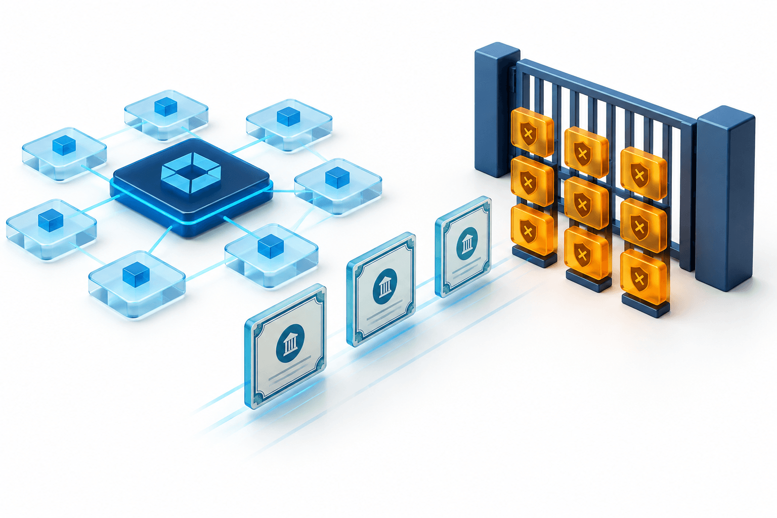 Concept illustration of OKXICE tokenized stocks encountering issuer objections at a blockchain trading gateway.