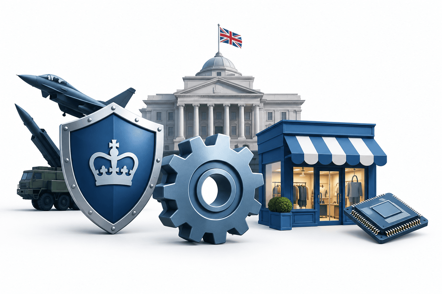Concept illustration of the FTSE 100 sector mix, with defence, engineering and retail symbols beside a semiconductor element.