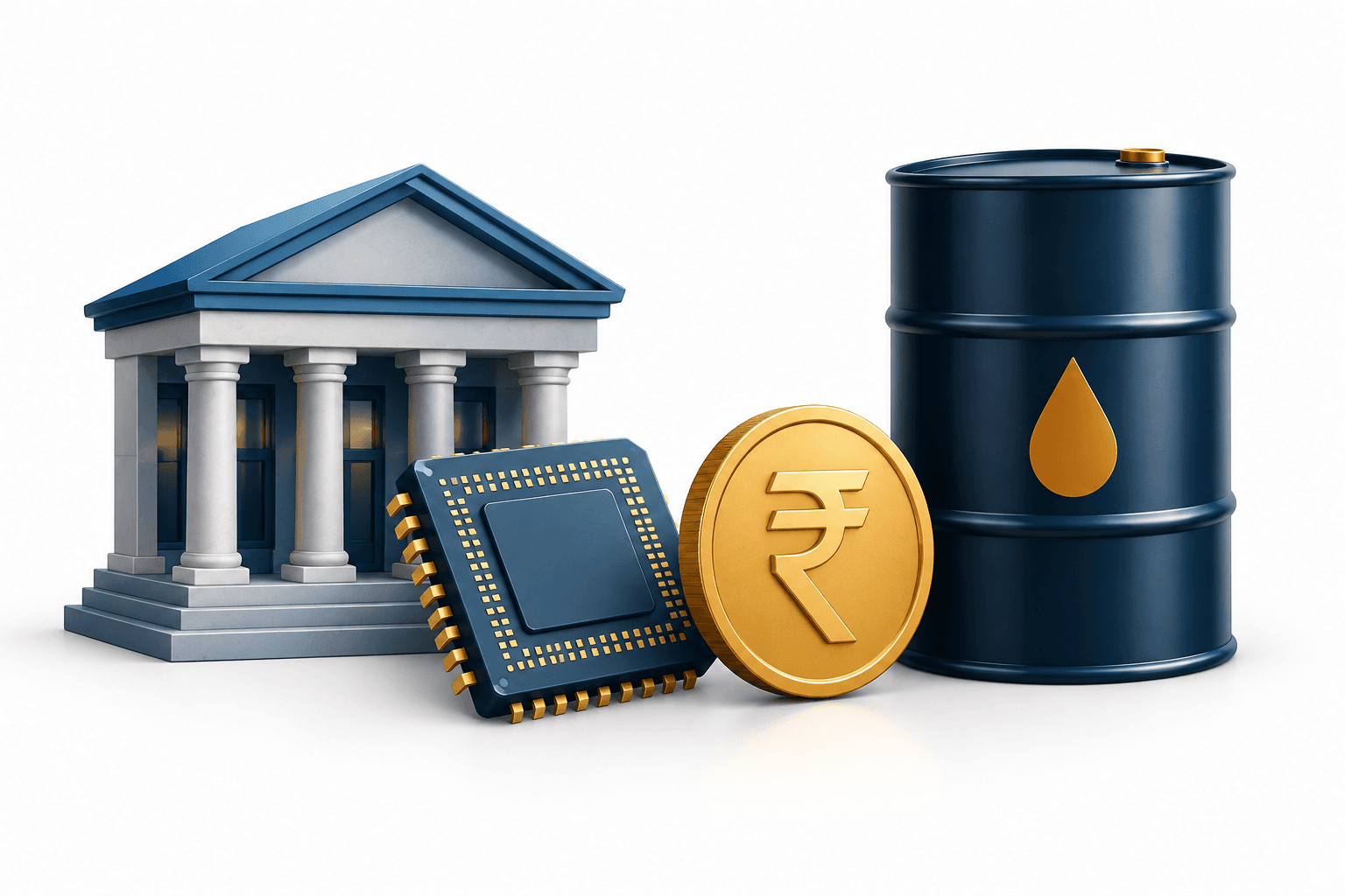 Illustration of banking, technology, oil and currency factors influencing Nifty and Sensex.
