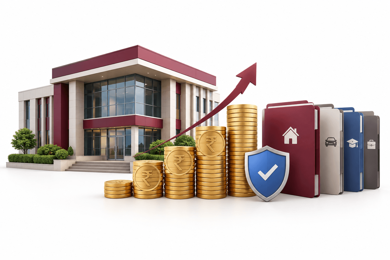 Concept illustration of a bank, rupee coin stacks and loan folders representing Axis Bank profit growth.