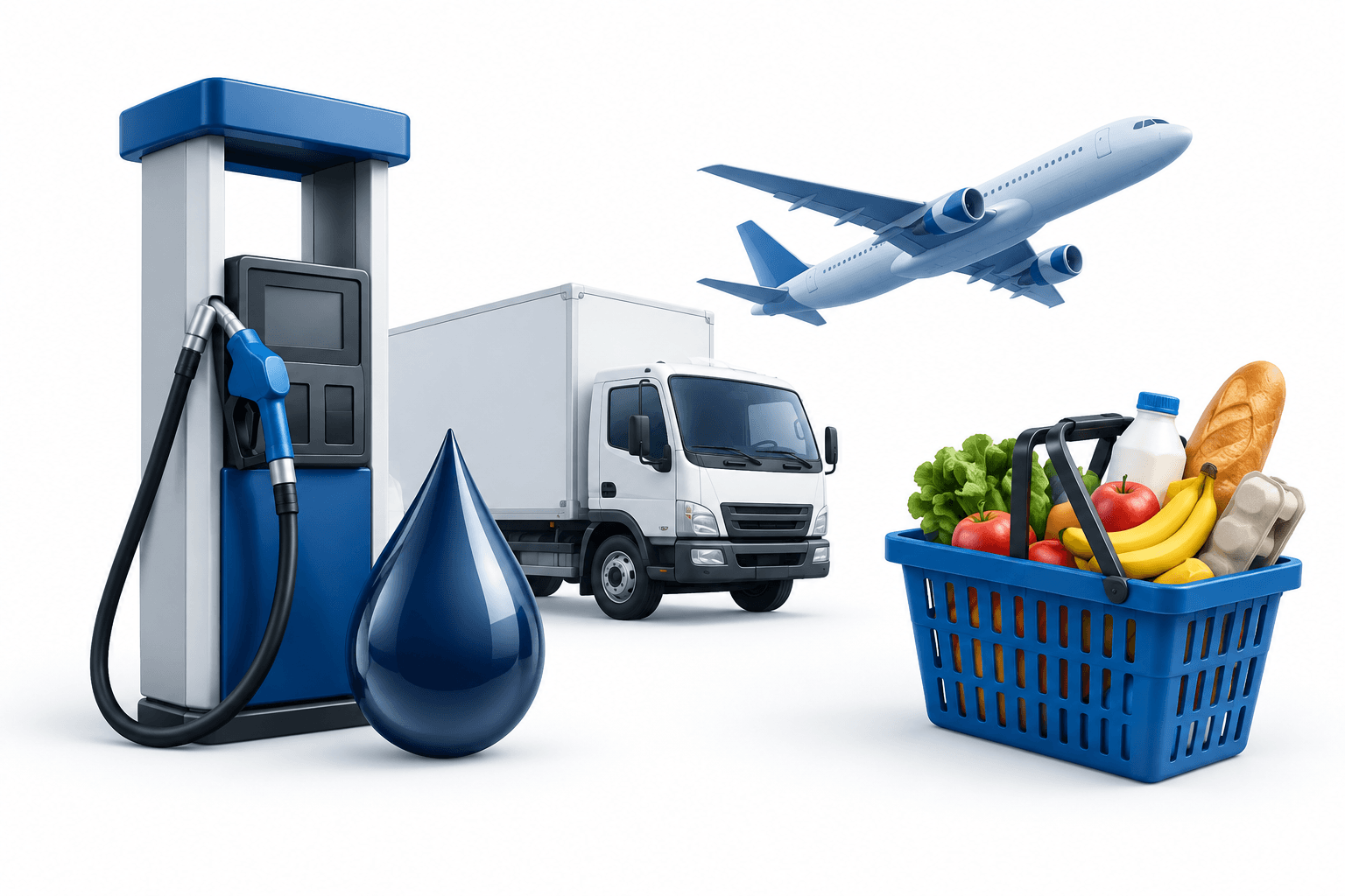 Concept illustration of US inflation pressures featuring a gasoline pump, delivery truck, airplane and grocery basket.