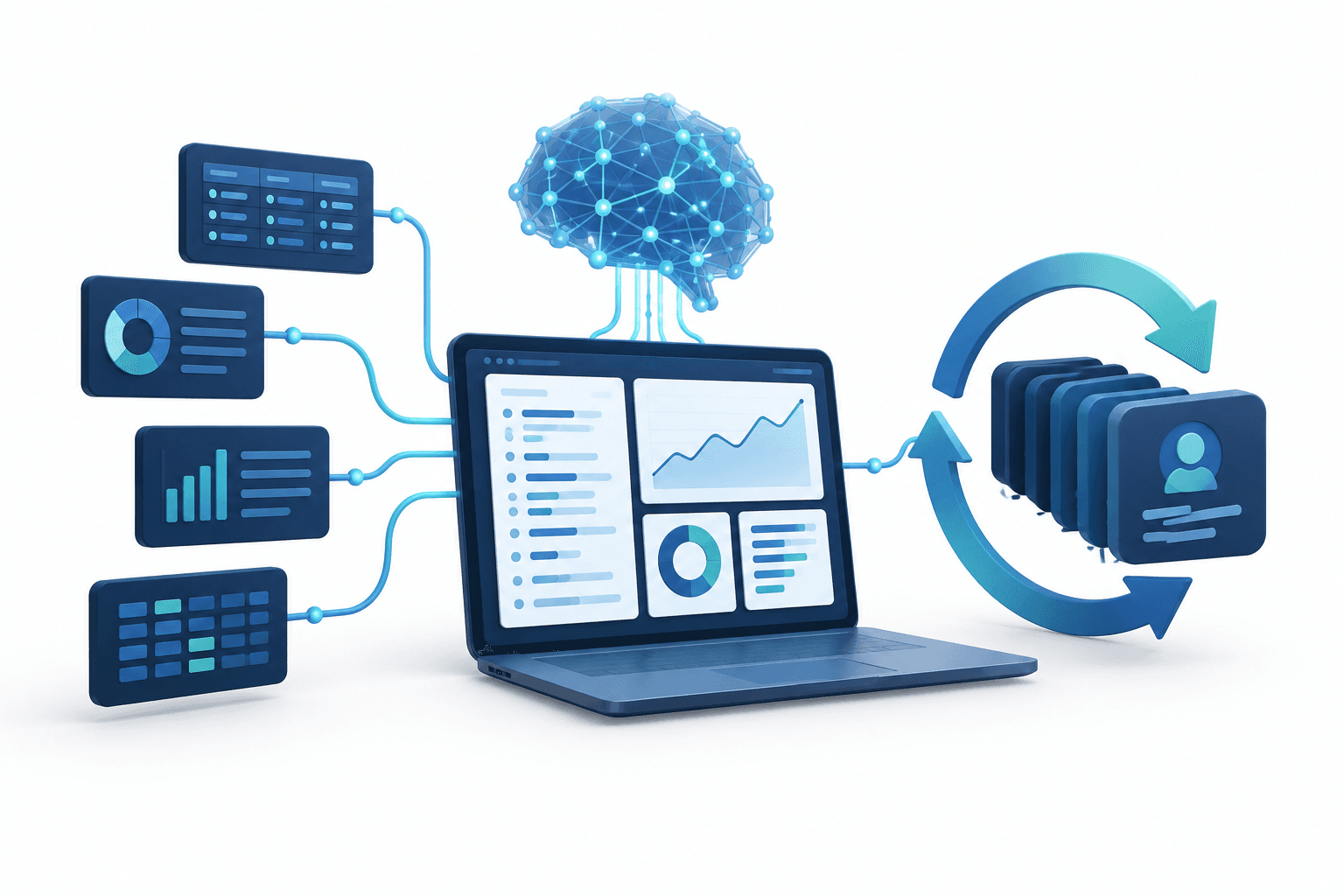 FactSet earnings concept illustration showing financial data tiles linked to AI tools and recurring subscriptions.