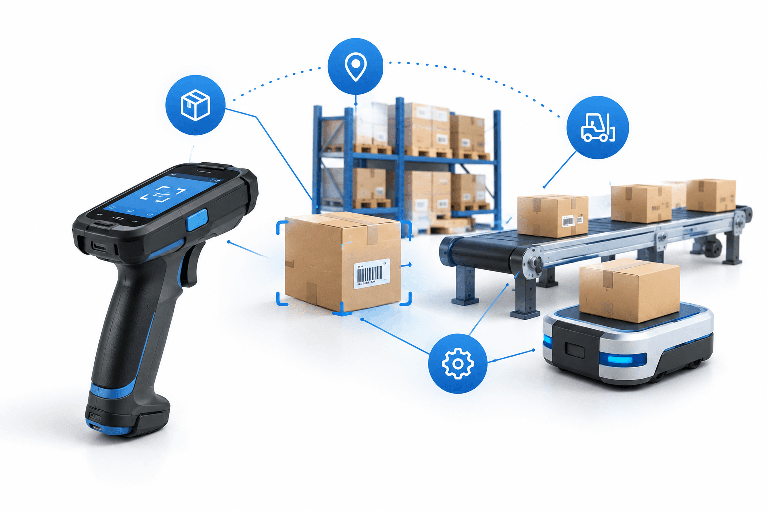 Zebra earnings illustration featuring an industrial scanner, connected parcels and warehouse automation equipment.