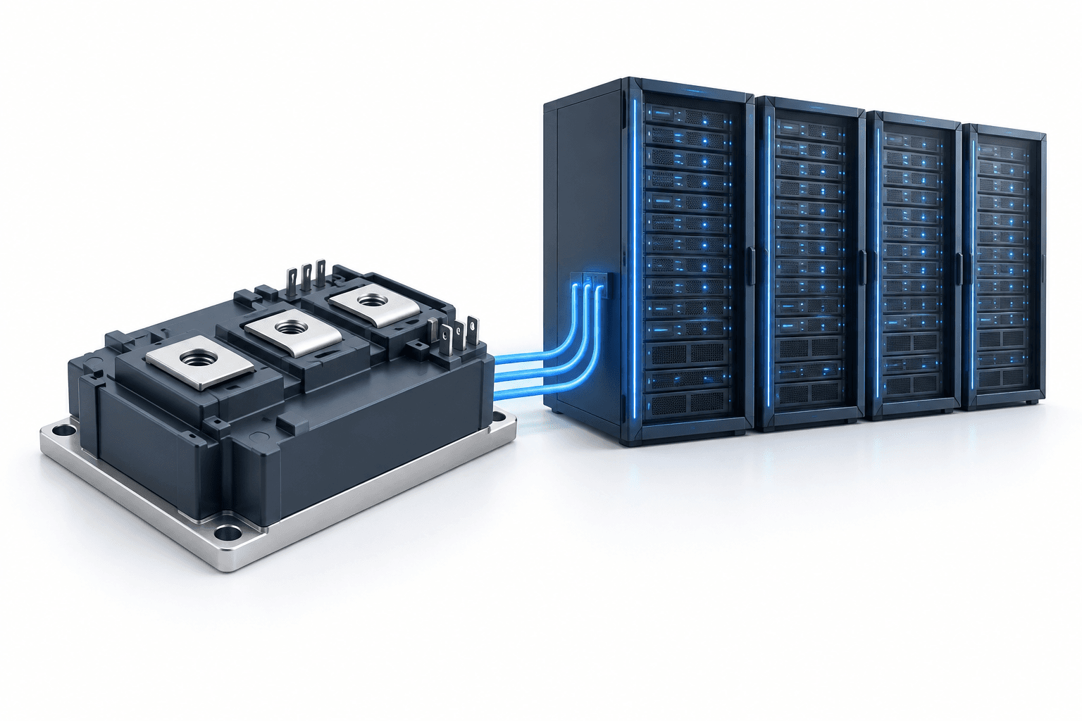 Infineon outlook concept illustration showing a power semiconductor module connected to AI data-center servers.
