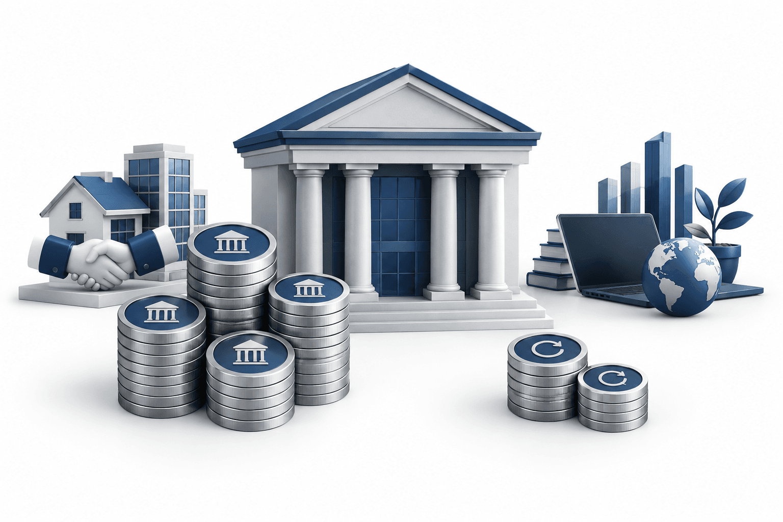 Concept illustration of JPMorgan earnings and capital allocation using an abstract bank building and dividend coins.