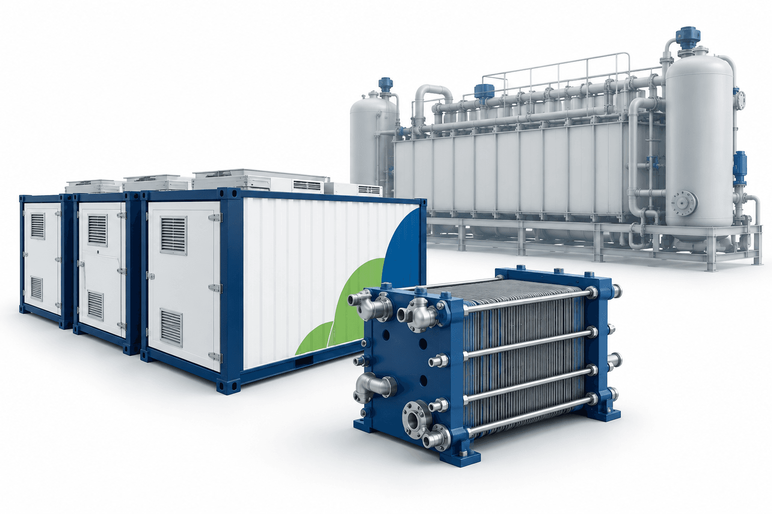 Nel earnings concept illustration featuring modular hydrogen electrolyzers and a membrane stack on a white background.