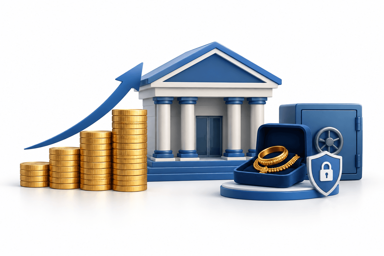 Concept illustration of a bank, coins and secured gold lending representing Karur Vysya earnings.
