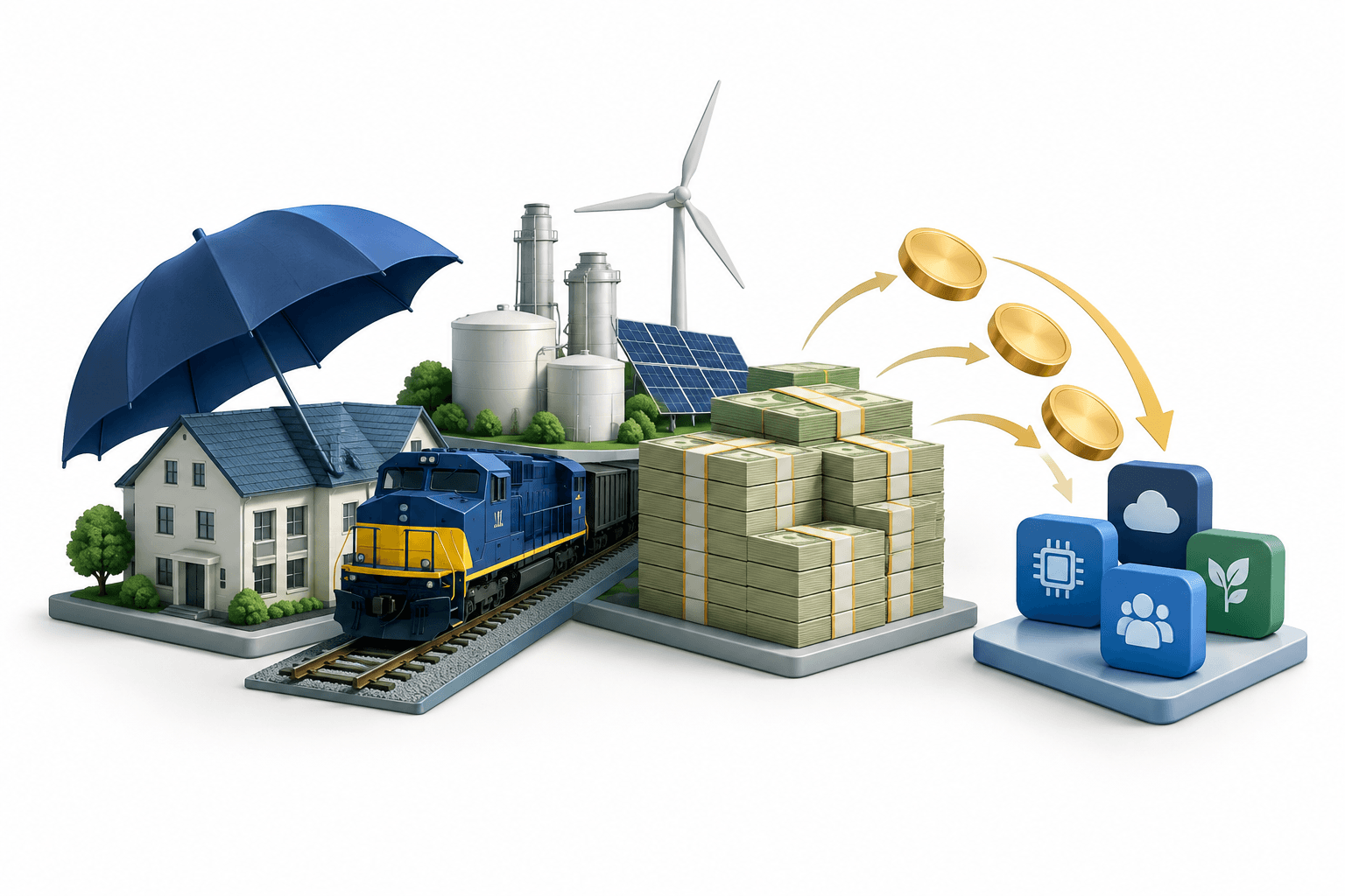 Concept illustration of Berkshire shares supported by diversified businesses, cash reserves and a digital-business investment.