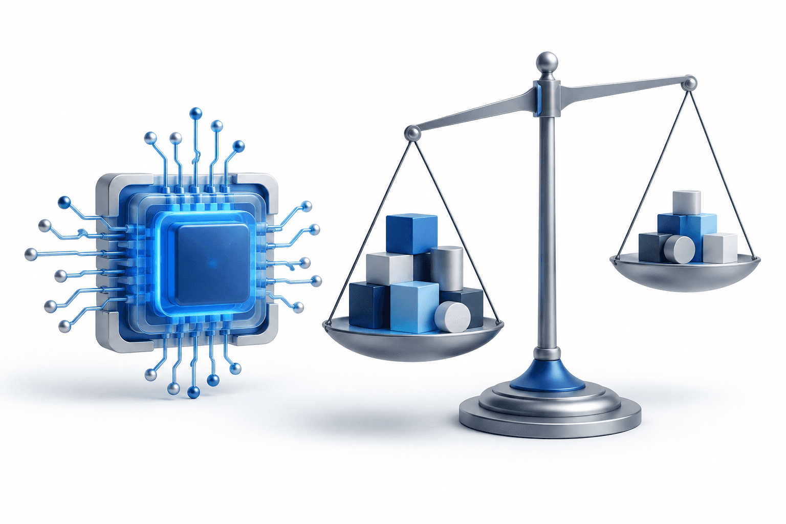 Concept illustration of an AI computing core and balance scale representing Anthropic IPO valuation discussions.