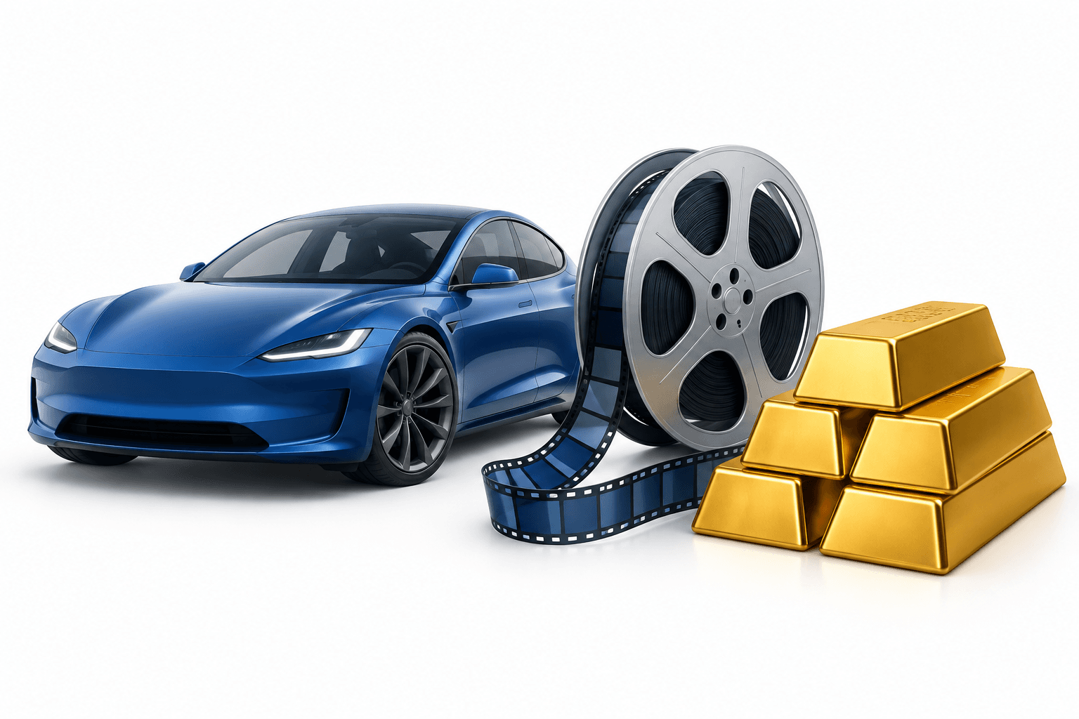 Illustration of an electric sports car, film reel and gold bars accompanying news about Tesla shares.