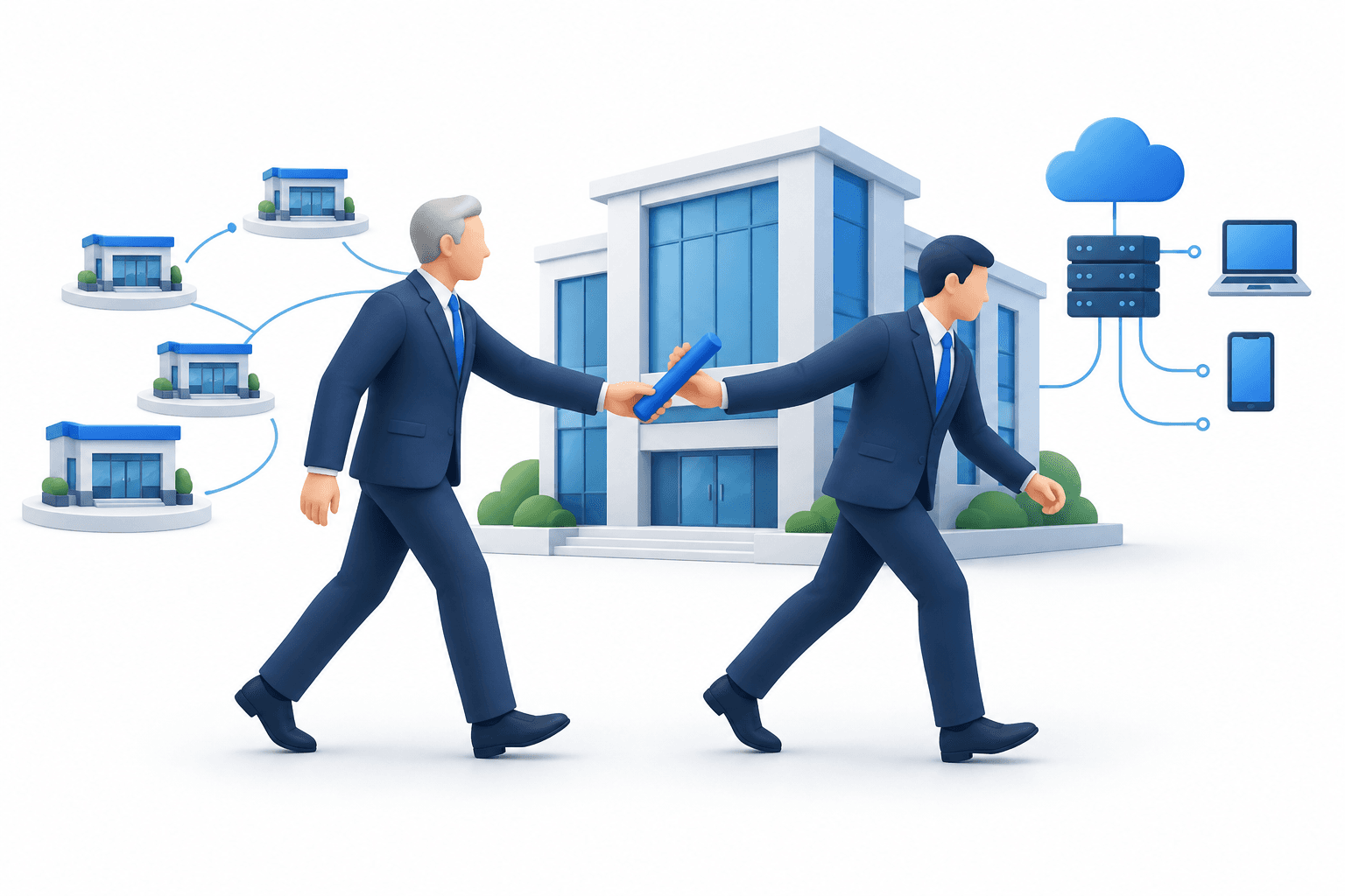 Concept illustration of the HDFC Bank transition, with executive figures passing a baton beside a bank and digital-network symbols.